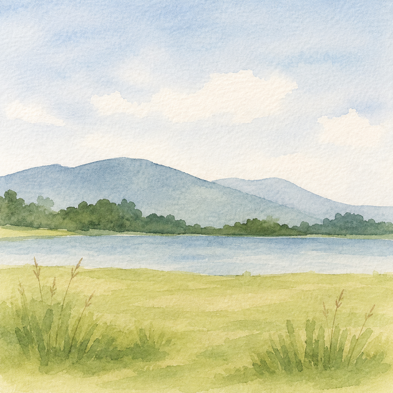 Paisaje de montañas y lago en acuarela