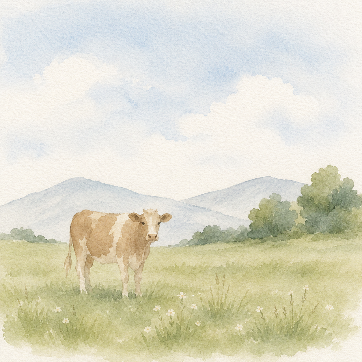 Paisaje con vaca en acuarela