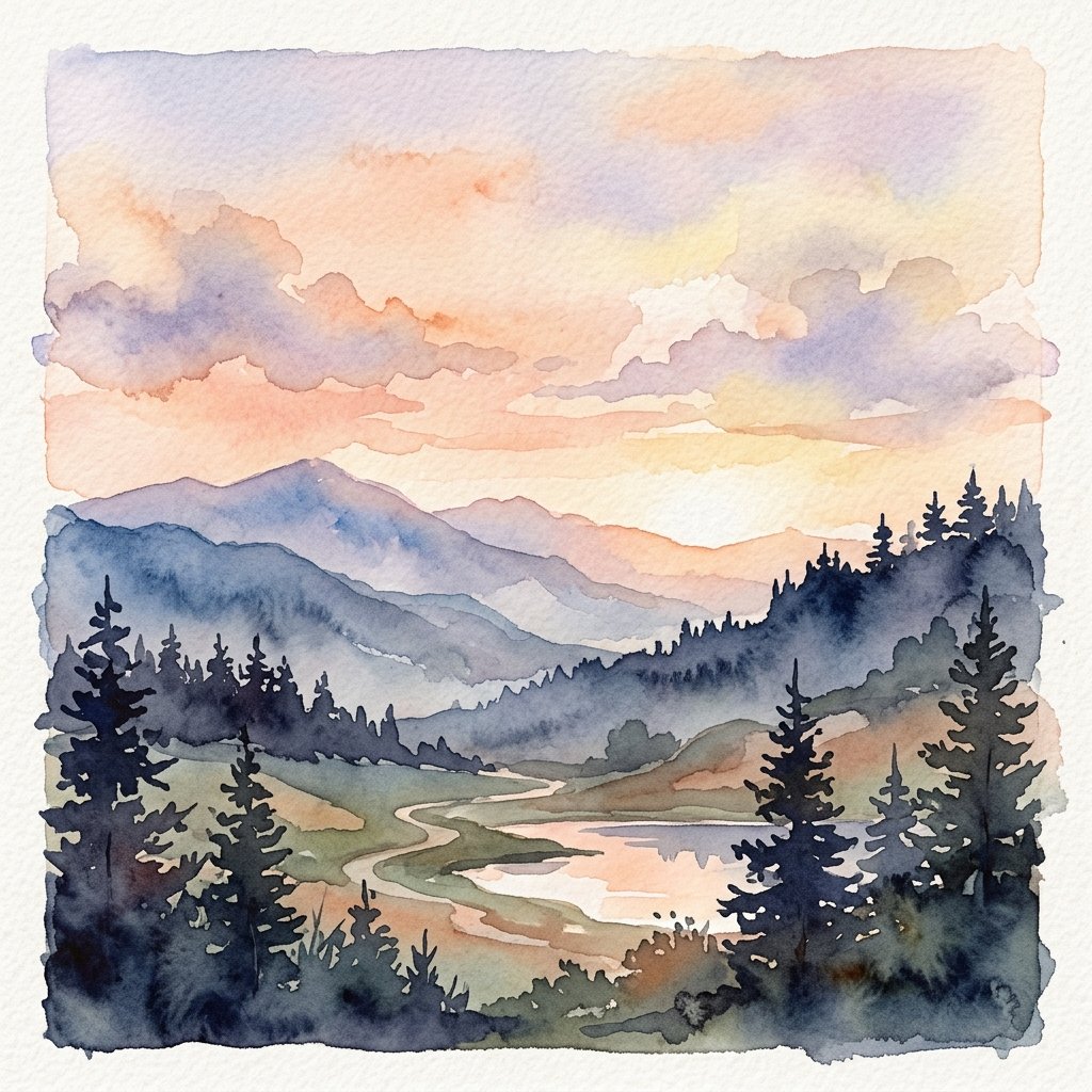 Paisaje natural sereno en acuarela